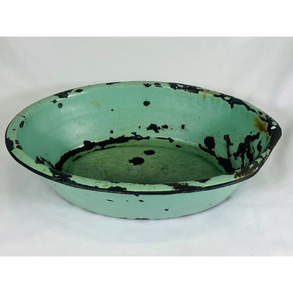 Vintage Blue Green Enamelware Basin Rustic Farmhouse Decor - Picture 1 of 8